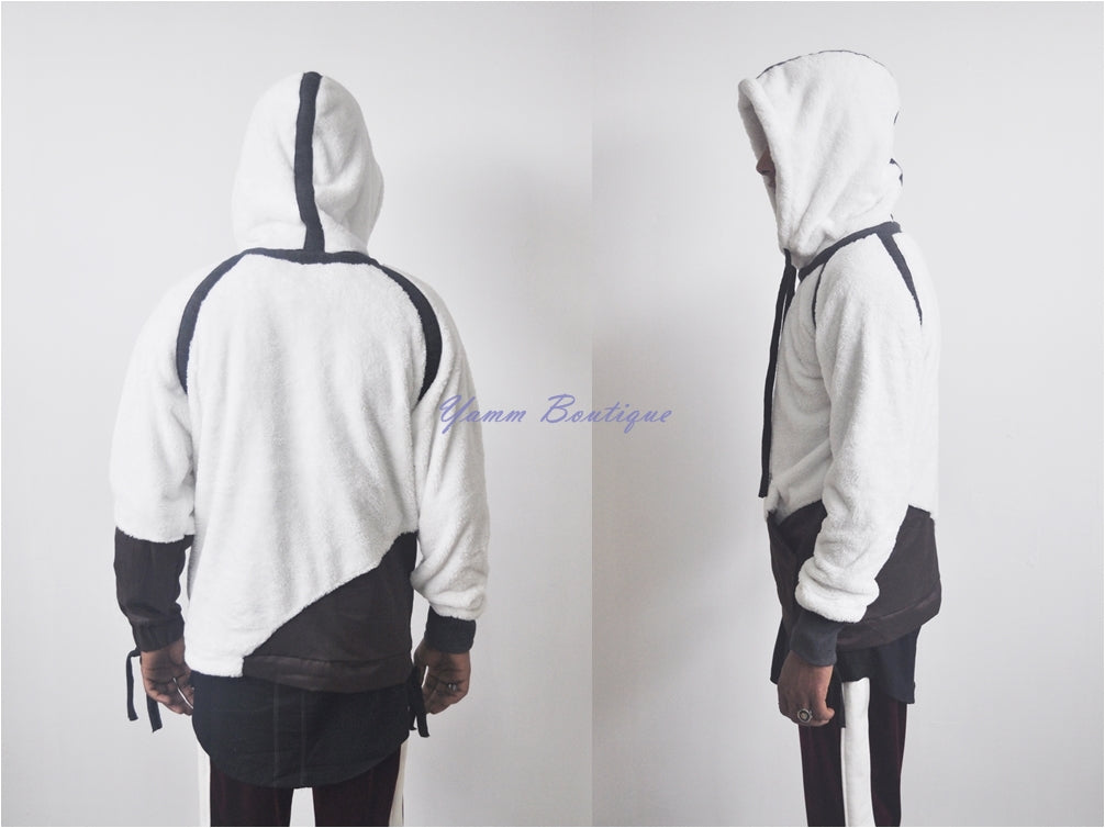 Men's Denim Patchwork Panelled Soft Sherpa Hooded Two Tone Jacket in Ivory - Ofelya Boutique