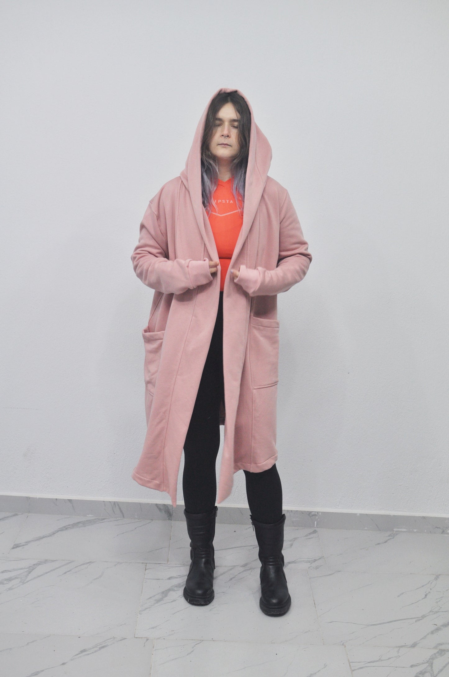 Oversized Black Long Side Pocket Cardigan Cloak with Hood