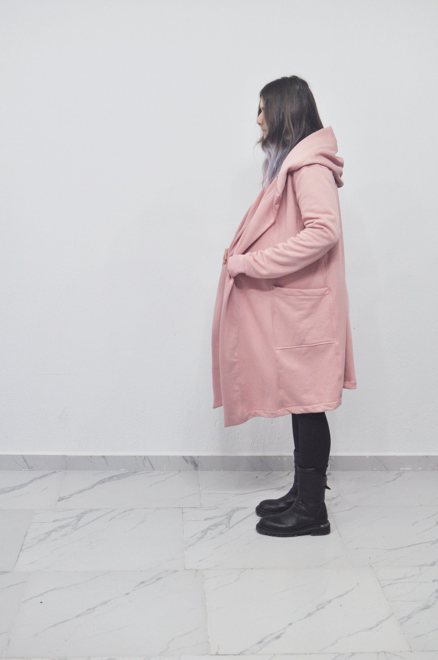 Oversized Black Long Side Pocket Cardigan Cloak with Hood
