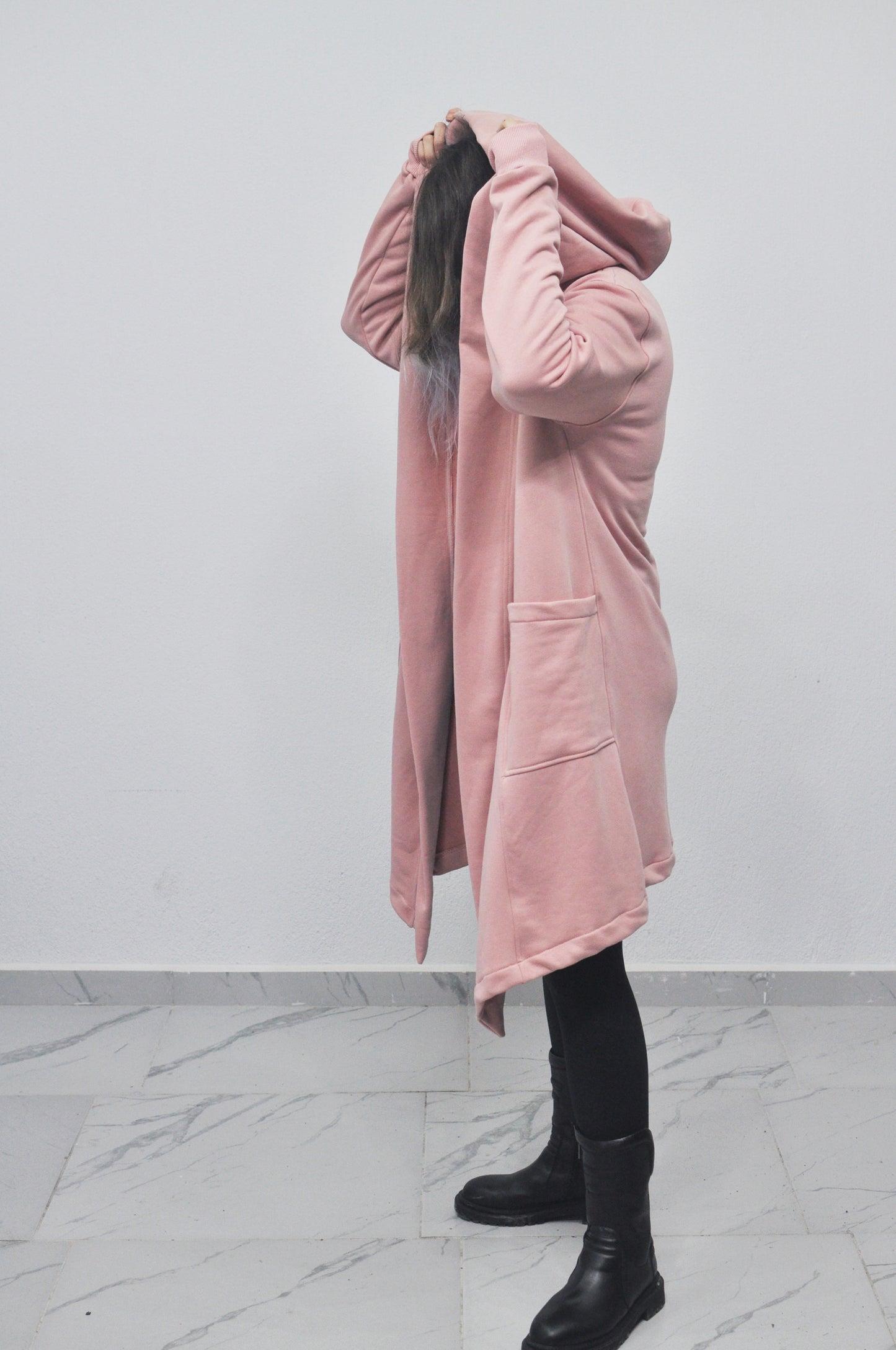 Oversized Black Long Side Pocket Cardigan Cloak with Hood