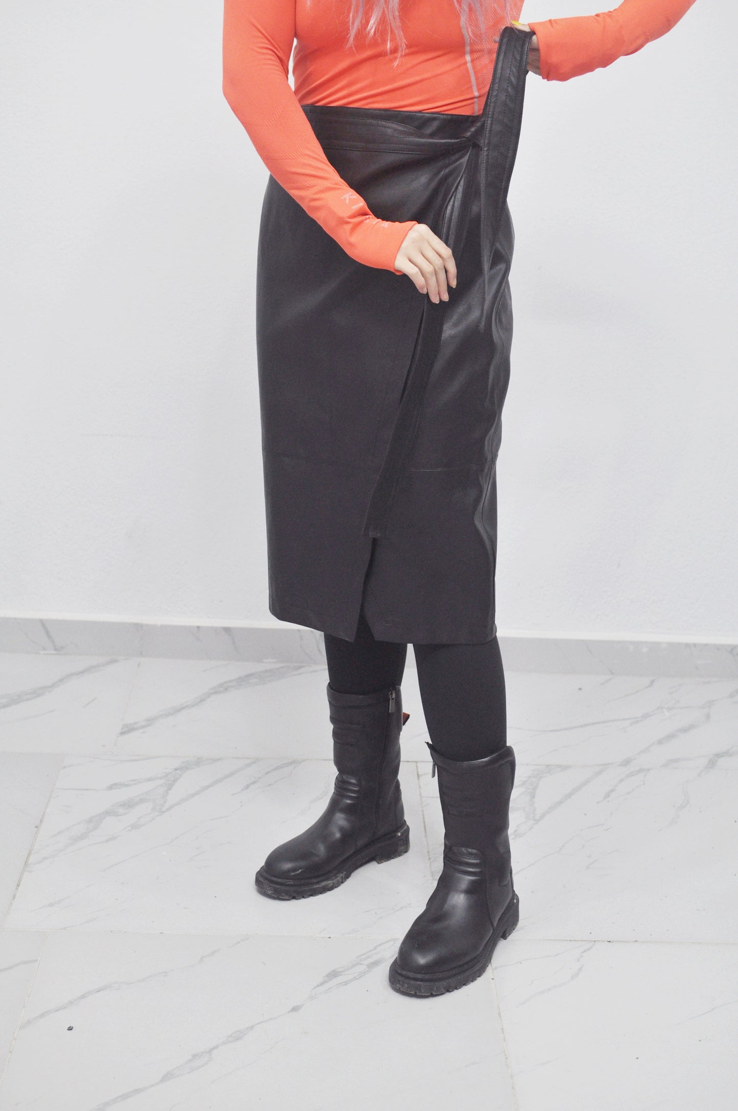 Black Long Belted Pencil Wrap Midi Skirt, High Waist Faux Leather Women