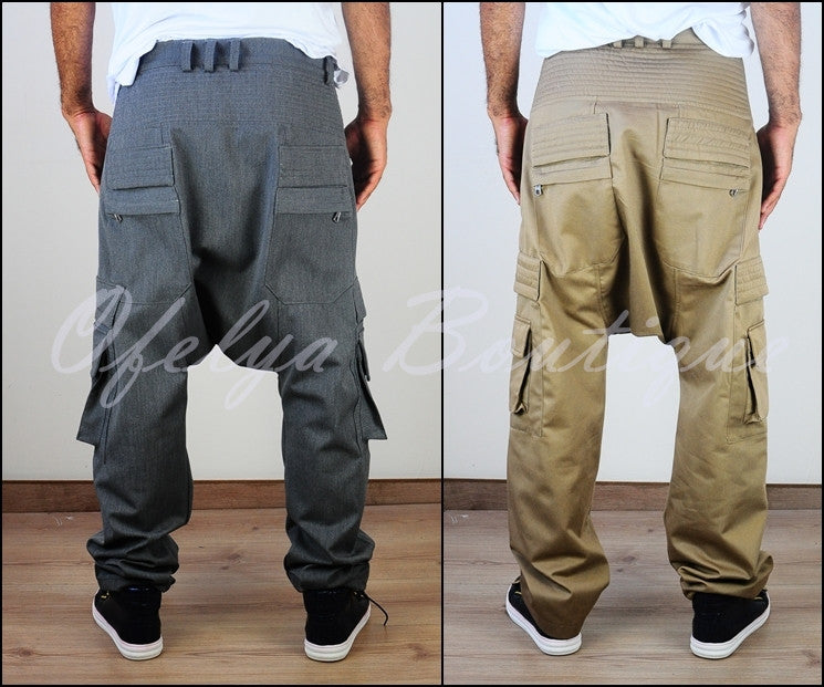 Drop-Rise Hiking Mountain Cargo Pants // Pin tuck detail on back /quilted bellows zip pockets at sides - Ofelya Boutique