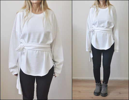 Asymmetric Knot Tie Around Waist Wrap Oval Hem Sweatshirt /-BB117 - Ofelya Boutique