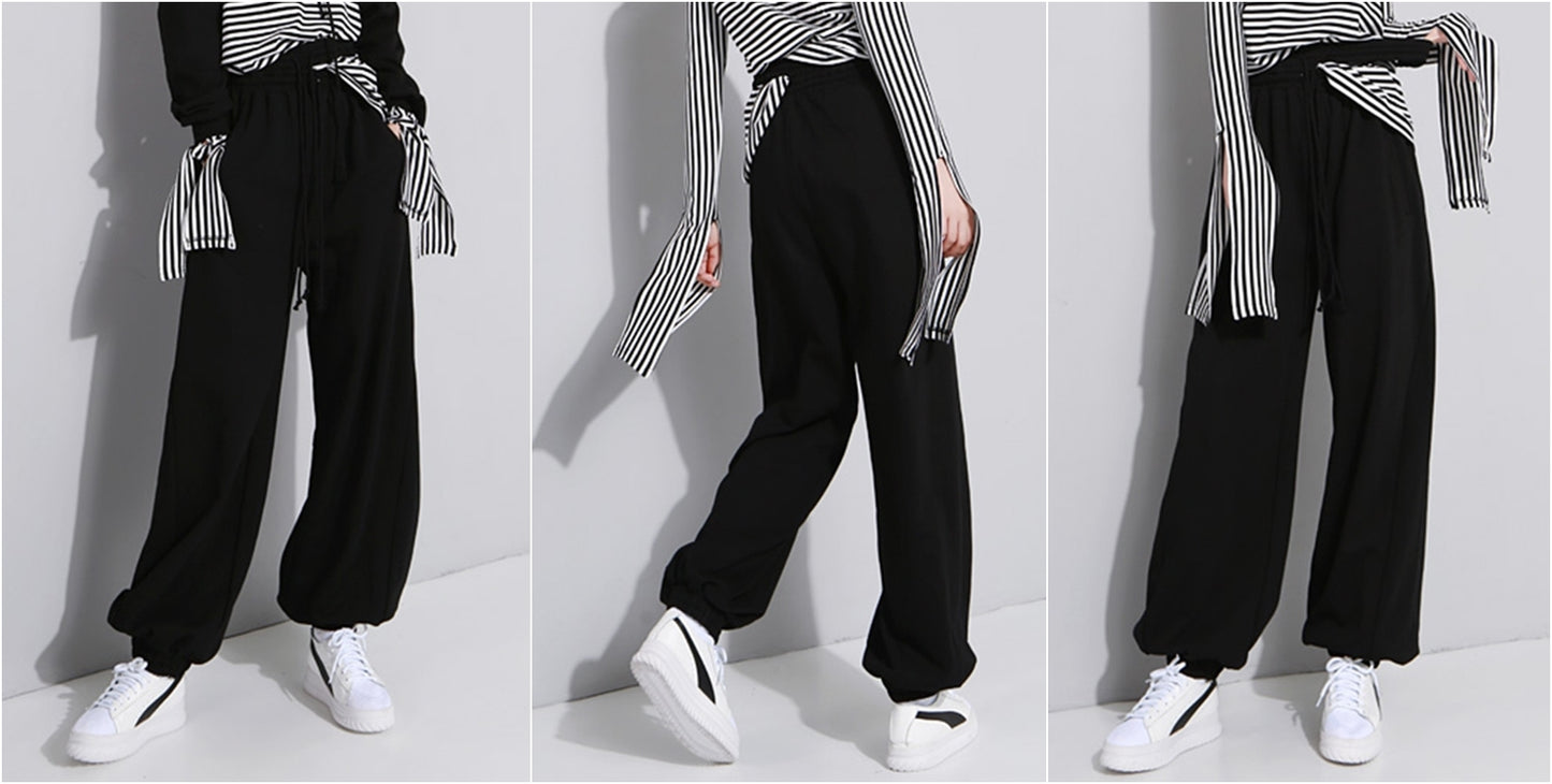 Elastic Double High Waist Trousers and Crop Top for Women Pants Lace up Sweatpants / Hip Hop Jogger - women set 2 pcs - Ofelya Boutique