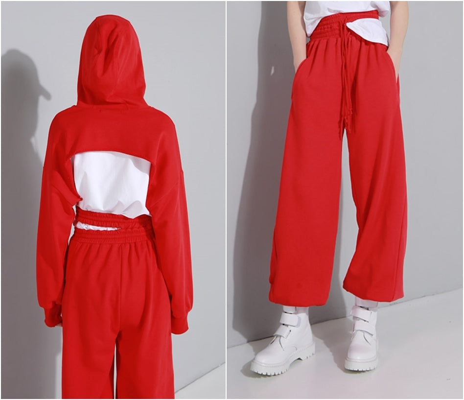 Elastic Double High Waist Trousers and Crop Top for Women Pants Lace up Sweatpants / Hip Hop Jogger - women set 2 pcs - Ofelya Boutique