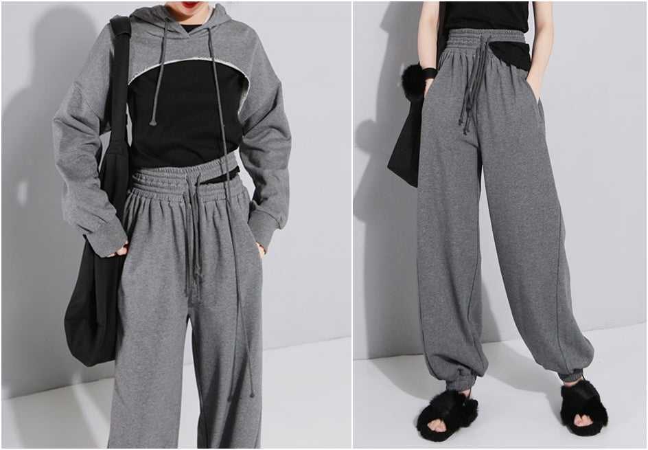 Elastic Double High Waist Trousers and Crop Top for Women Pants Lace up Sweatpants / Hip Hop Jogger - women set 2 pcs - Ofelya Boutique