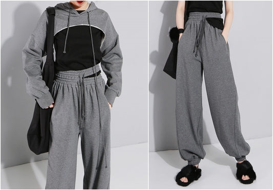 Elastic Double High Waist Trousers and Crop Top for Women Pants Lace up Sweatpants / Hip Hop Jogger - women set 2 pcs - Ofelya Boutique