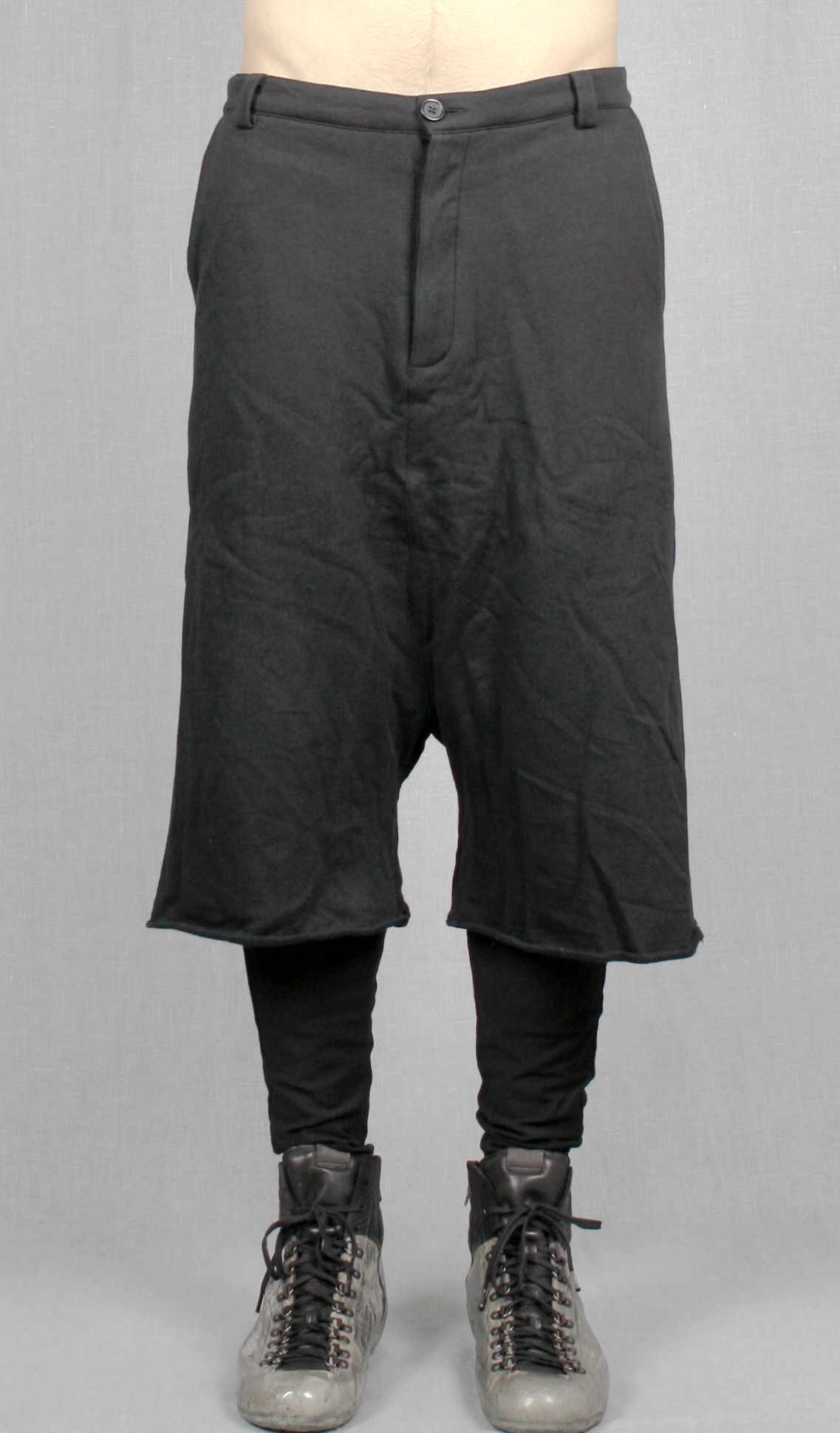 Biker Black Long Shorts with a Drop Crotch and Tapered Leg - Ofelya Boutique