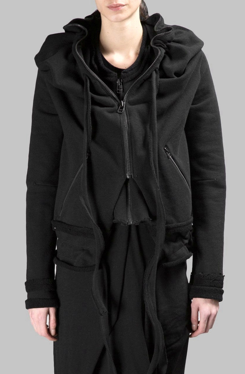 Asymmetric Raw Cut Cropped Double Look Hoodie, Full Zip Top -BB124 - Ofelya Boutique