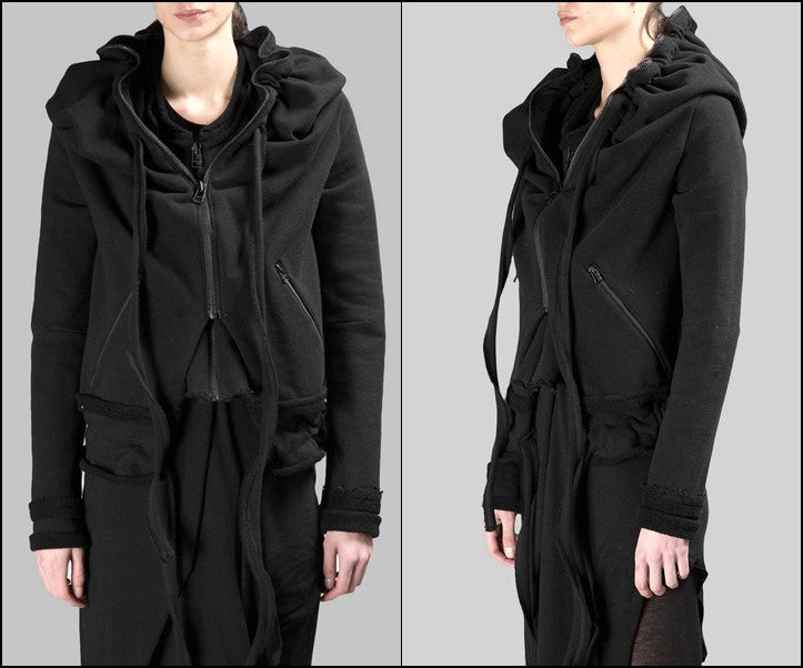 Asymmetric Raw Cut Cropped Double Look Hoodie, Full Zip Top -BB124 - Ofelya Boutique
