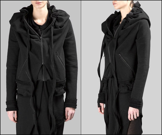 Asymmetric Raw Cut Cropped Double Look Hoodie, Full Zip Top -BB124 - Ofelya Boutique