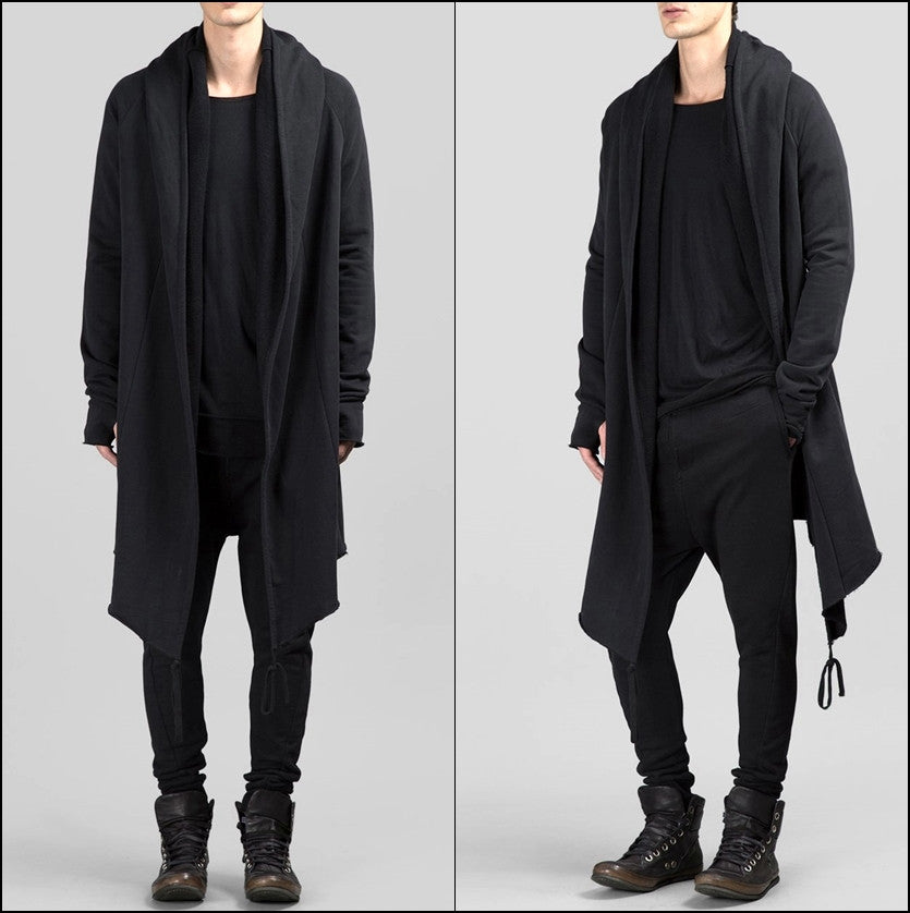 Black Long Sweater Cardigan With Hood / Glove Sleeves - ASYMMETRIC CUT Winter-BB029 - Ofelya Boutique