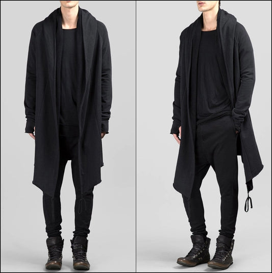 Black Long Sweater Cardigan With Hood / Glove Sleeves - ASYMMETRIC CUT Winter-BB029 - Ofelya Boutique
