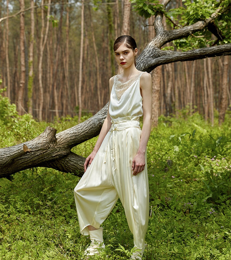 Harem Trousers Drape Silk Satin High Waist Drop Crotch Pants