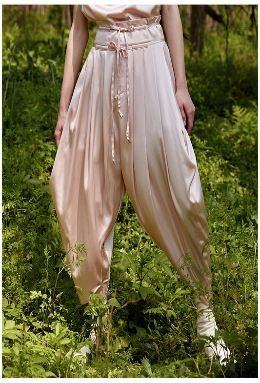 Harem Trousers Drape Silk Satin High Waist Drop Crotch Pants