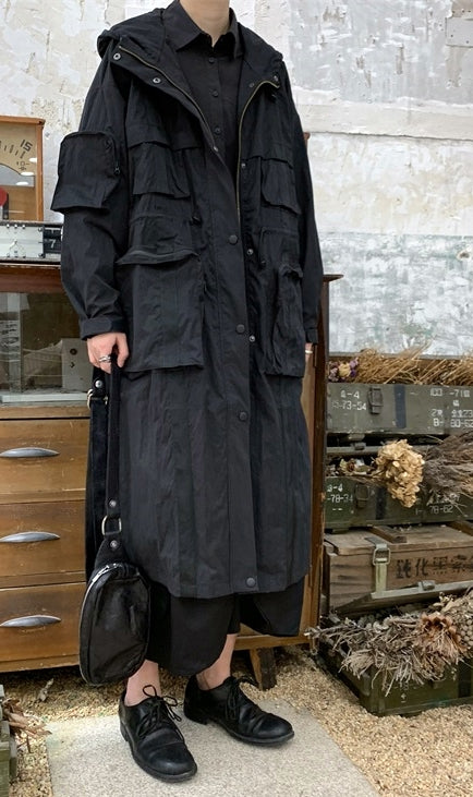 Yoji Yamamoto Dark Long Windbreaker Jacket / Over the Knee Hooed Loose Trench