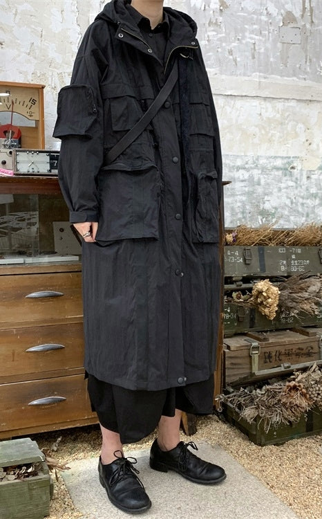 Yoji Yamamoto Dark Long Windbreaker Jacket / Over the Knee Hooed Loose Trench