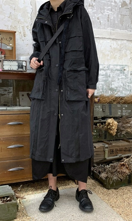 Yoji Yamamoto Dark Long Windbreaker Jacket / Over the Knee Hooed Loose Trench