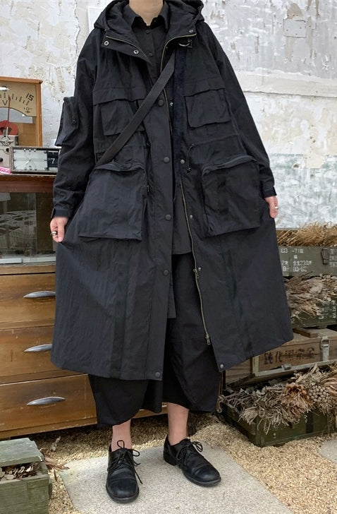 Yoji Yamamoto Dark Long Windbreaker Jacket / Over the Knee Hooed Loose Trench