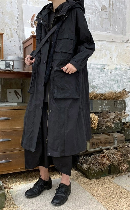 Yoji Yamamoto Dark Long Windbreaker Jacket / Over the Knee Hooed Loose Trench