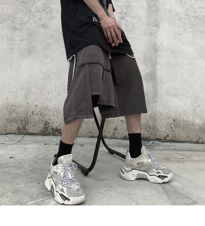 Men Irregular Stitching Retro High Street Shorts - Hip-hop Terry Pants