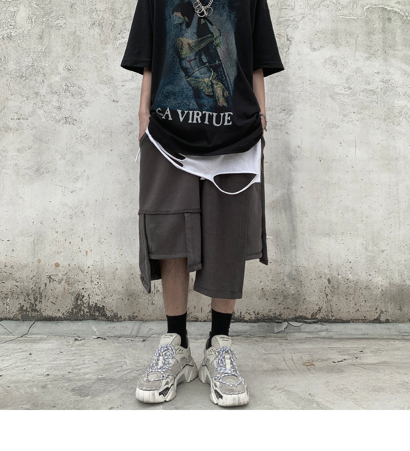 Men Irregular Stitching Retro High Street Shorts - Hip-hop Terry Pants