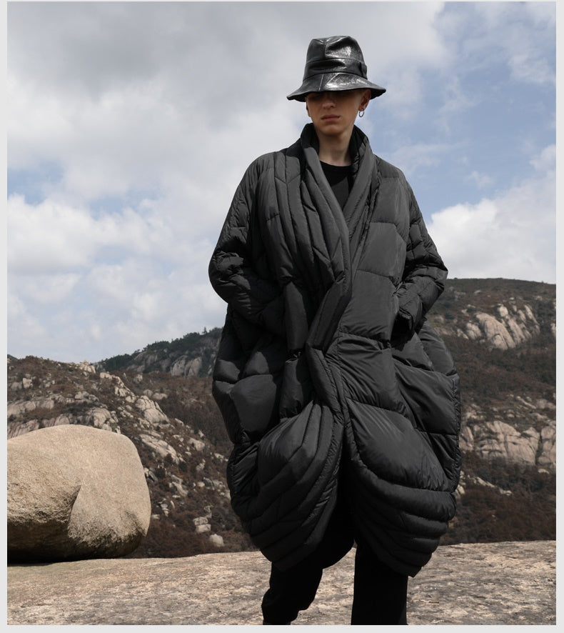 Original Design Winter Dark Extra-Long Length Over the Knee Irregular Jacket