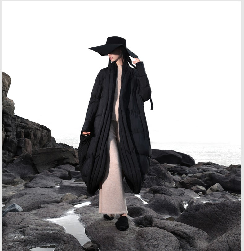 Original Design Winter Dark Extra-Long Length Over the Knee Irregular Jacket