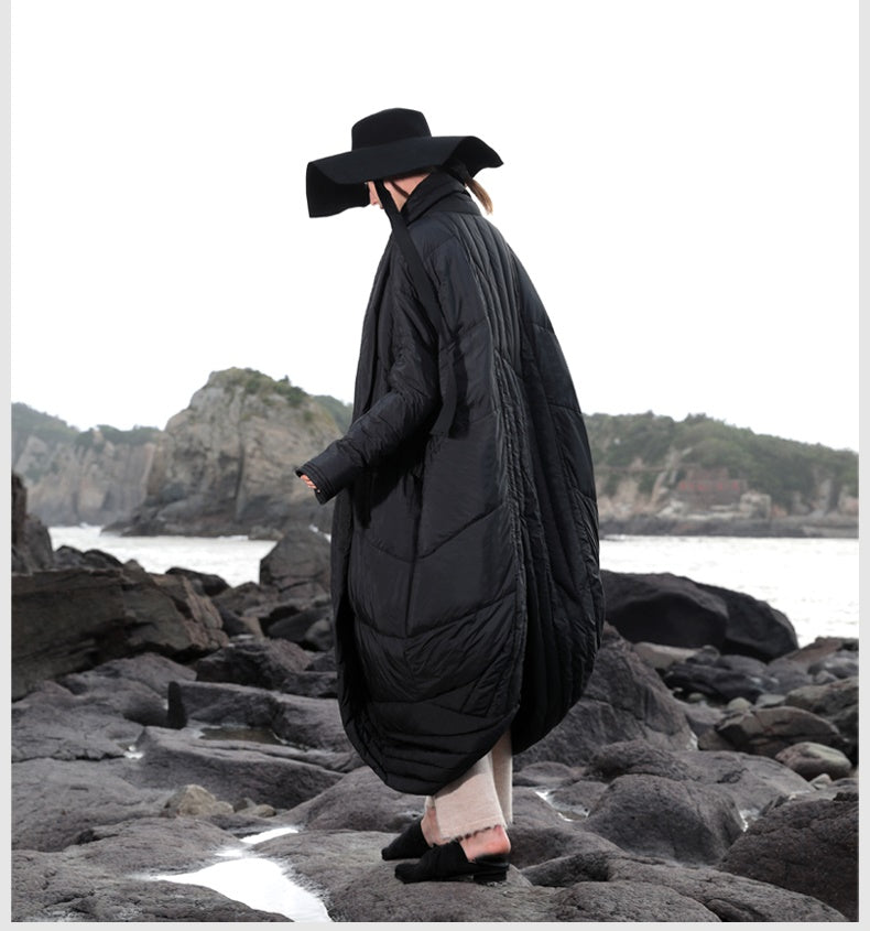 Original Design Winter Dark Extra-Long Length Over the Knee Irregular Jacket