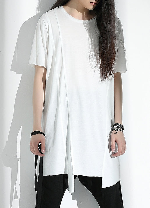 Original Japanese Designer Tide Male Loose Long Irregular Hem Short-Sleeved T-shirt / Asymmetric Cut / Deconstruction - Ofelya Boutique