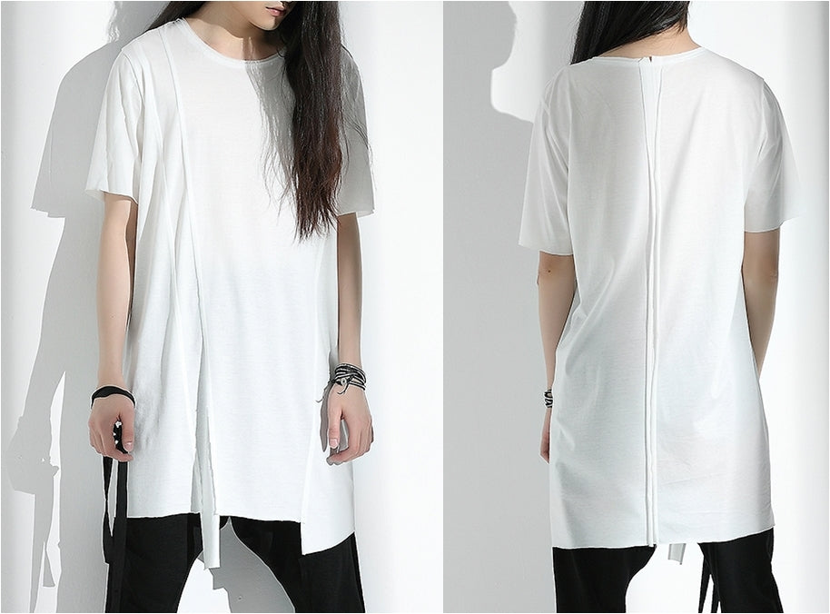 Original Japanese Designer Tide Male Loose Long Irregular Hem Short-Sleeved T-shirt / Asymmetric Cut / Deconstruction - Ofelya Boutique