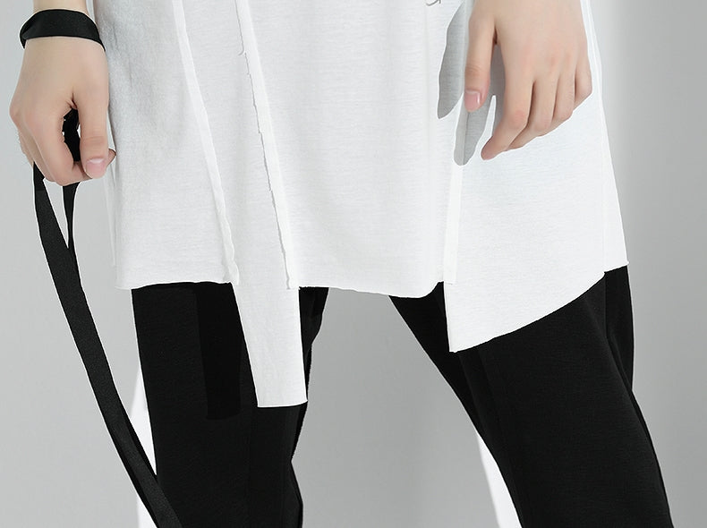 Original Japanese Designer Tide Male Loose Long Irregular Hem Short-Sleeved T-shirt / Asymmetric Cut / Deconstruction - Ofelya Boutique