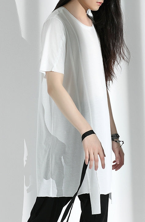 Original Japanese Designer Tide Male Loose Long Irregular Hem Short-Sleeved T-shirt / Asymmetric Cut / Deconstruction - Ofelya Boutique