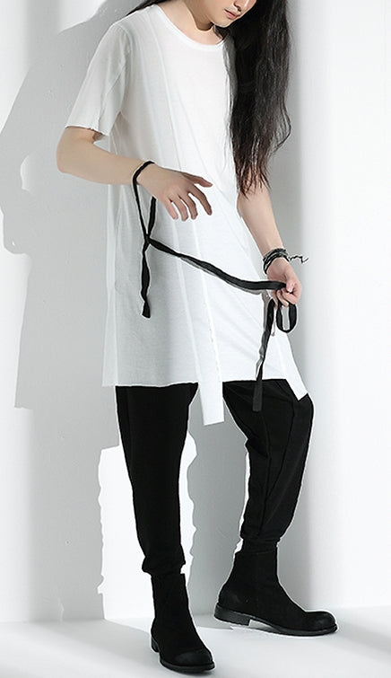 Original Japanese Designer Tide Male Loose Long Irregular Hem Short-Sleeved T-shirt / Asymmetric Cut / Deconstruction - Ofelya Boutique