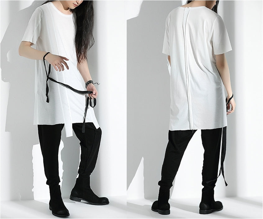 Original Japanese Designer Tide Male Loose Long Irregular Hem Short-Sleeved T-shirt / Asymmetric Cut / Deconstruction - Ofelya Boutique