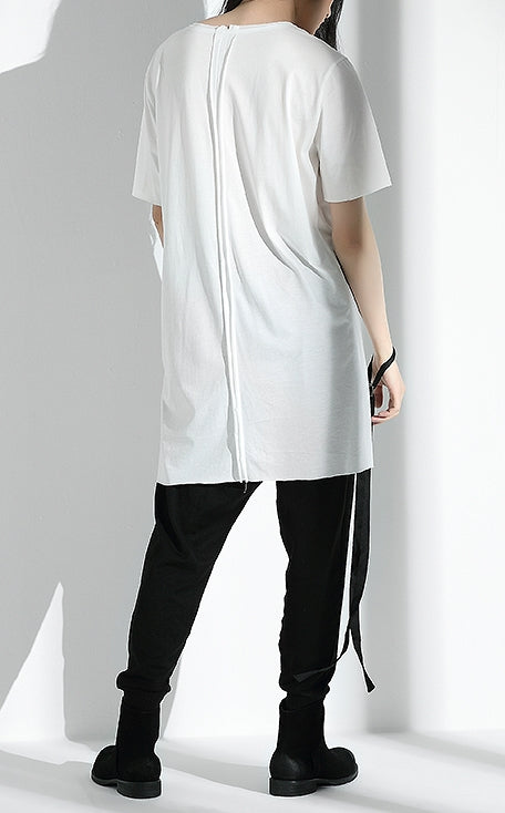 Original Japanese Designer Tide Male Loose Long Irregular Hem Short-Sleeved T-shirt / Asymmetric Cut / Deconstruction - Ofelya Boutique