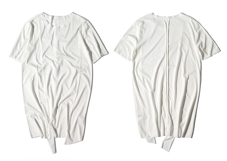 Original Japanese Designer Tide Male Loose Long Irregular Hem Short-Sleeved T-shirt / Asymmetric Cut / Deconstruction - Ofelya Boutique