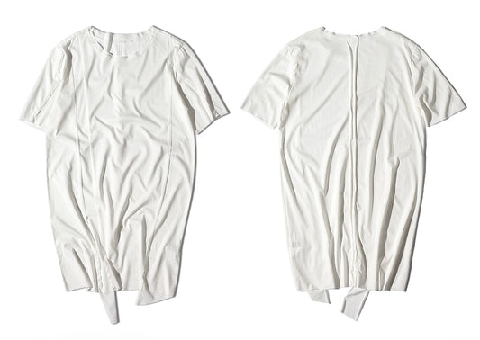 Original Japanese Designer Tide Male Loose Long Irregular Hem Short-Sleeved T-shirt / Asymmetric Cut / Deconstruction - Ofelya Boutique