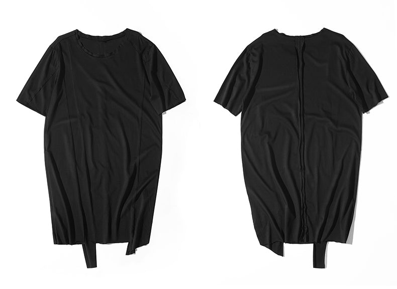 Original Japanese Designer Tide Male Loose Long Irregular Hem Short-Sleeved T-shirt / Asymmetric Cut / Deconstruction - Ofelya Boutique