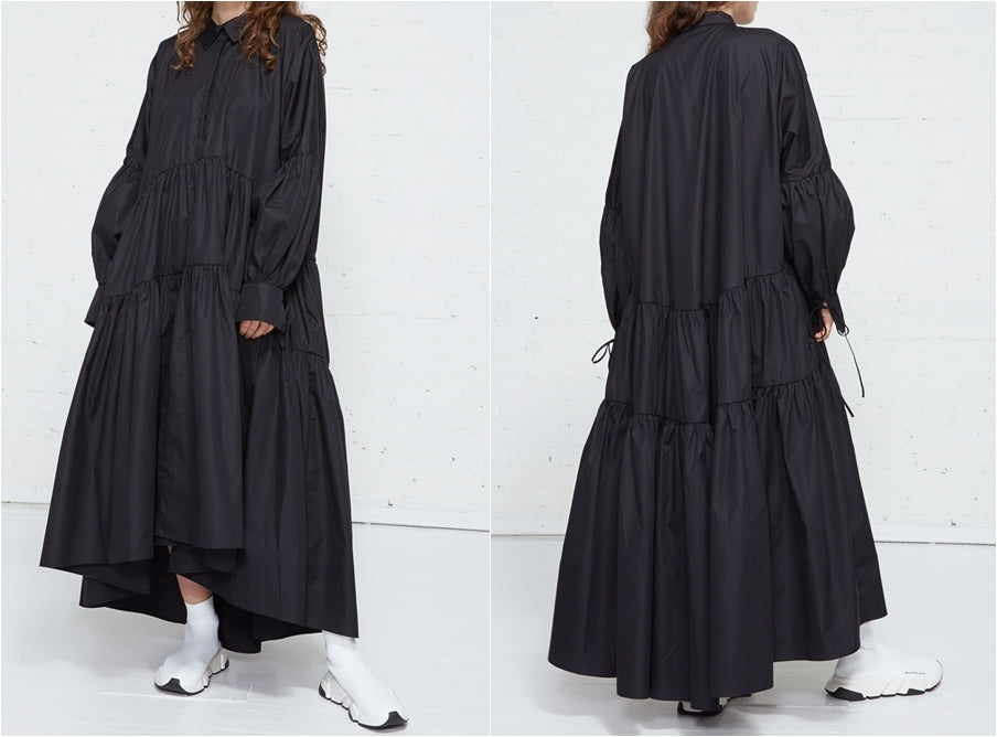 Overlong Expansive Tiered Poplin Shirtdress / Dolman Sleeves / Gathered Cuffs