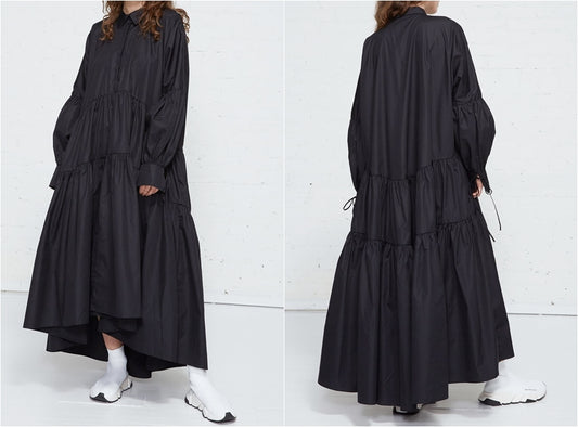 Overlong Expansive Tiered Poplin Shirtdress / Dolman Sleeves / Gathered Cuffs