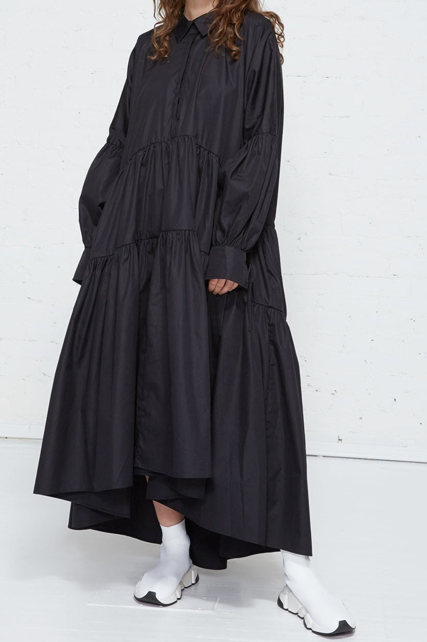 Overlong Expansive Tiered Poplin Shirtdress / Dolman Sleeves / Gathered Cuffs
