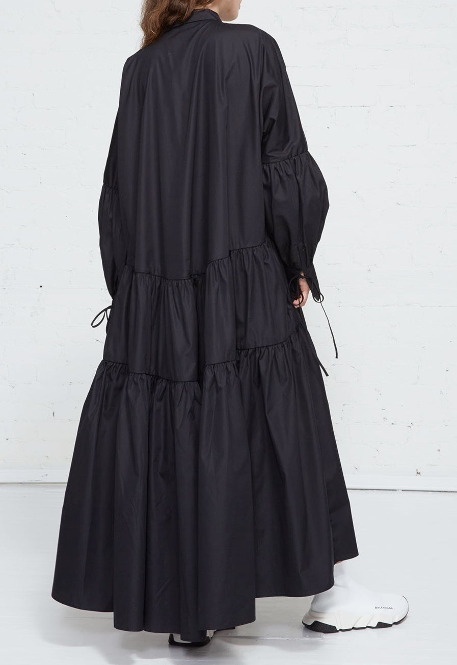 Overlong Expansive Tiered Poplin Shirtdress / Dolman Sleeves / Gathered Cuffs