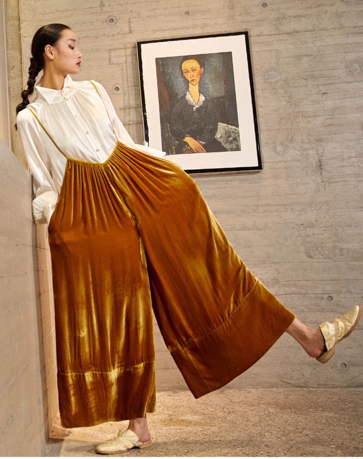 Velour One-Piece Wide Leg Pants / Loose Suspender-Overalls