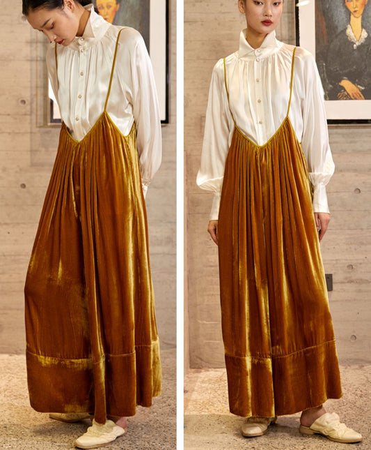 Velour One-Piece Wide Leg Pants / Loose Suspender-Overalls