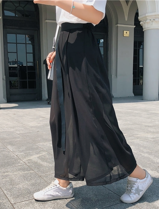 Chiffon Wide Leg Pants / Black Loose High Waist Elastic Transparant - Ofelya Boutique