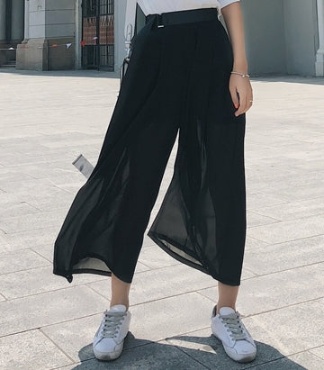 Chiffon Wide Leg Pants / Black Loose High Waist Elastic Transparant - Ofelya Boutique