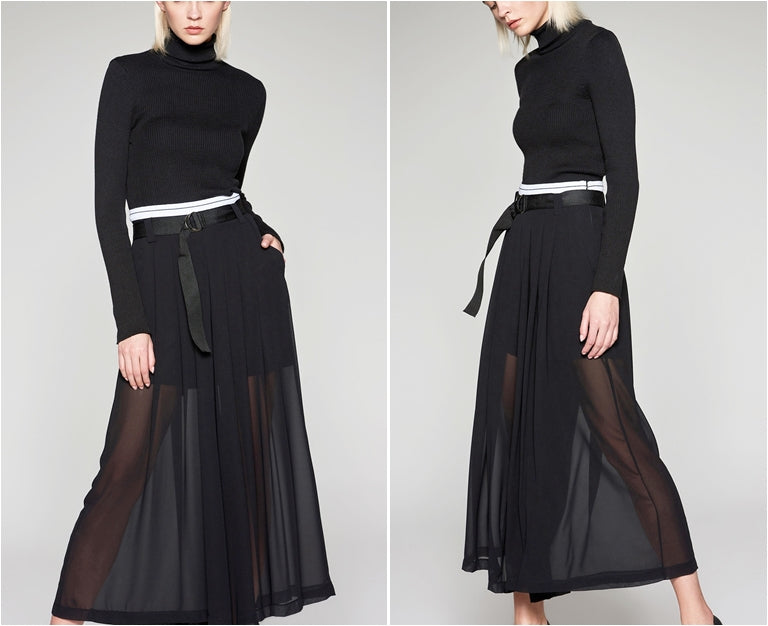 Chiffon Wide Leg Pants / Black Loose High Waist Elastic Transparant - Ofelya Boutique