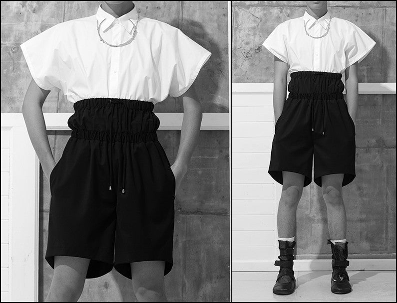 Black Short / Elasticated High Waistband Sarrouel Japanese Wide Leg Cotton Trouser Yoga Pant / Unisex - Ofelya Boutique