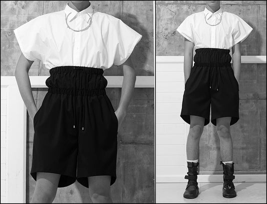 Black Short / Elasticated High Waistband Sarrouel Japanese Wide Leg Cotton Trouser Yoga Pant / Unisex - Ofelya Boutique